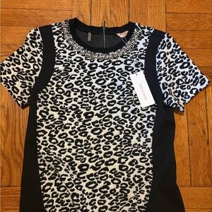 Rebecca Taylor Black and White Leopard Print Sweater Tee w Necklace